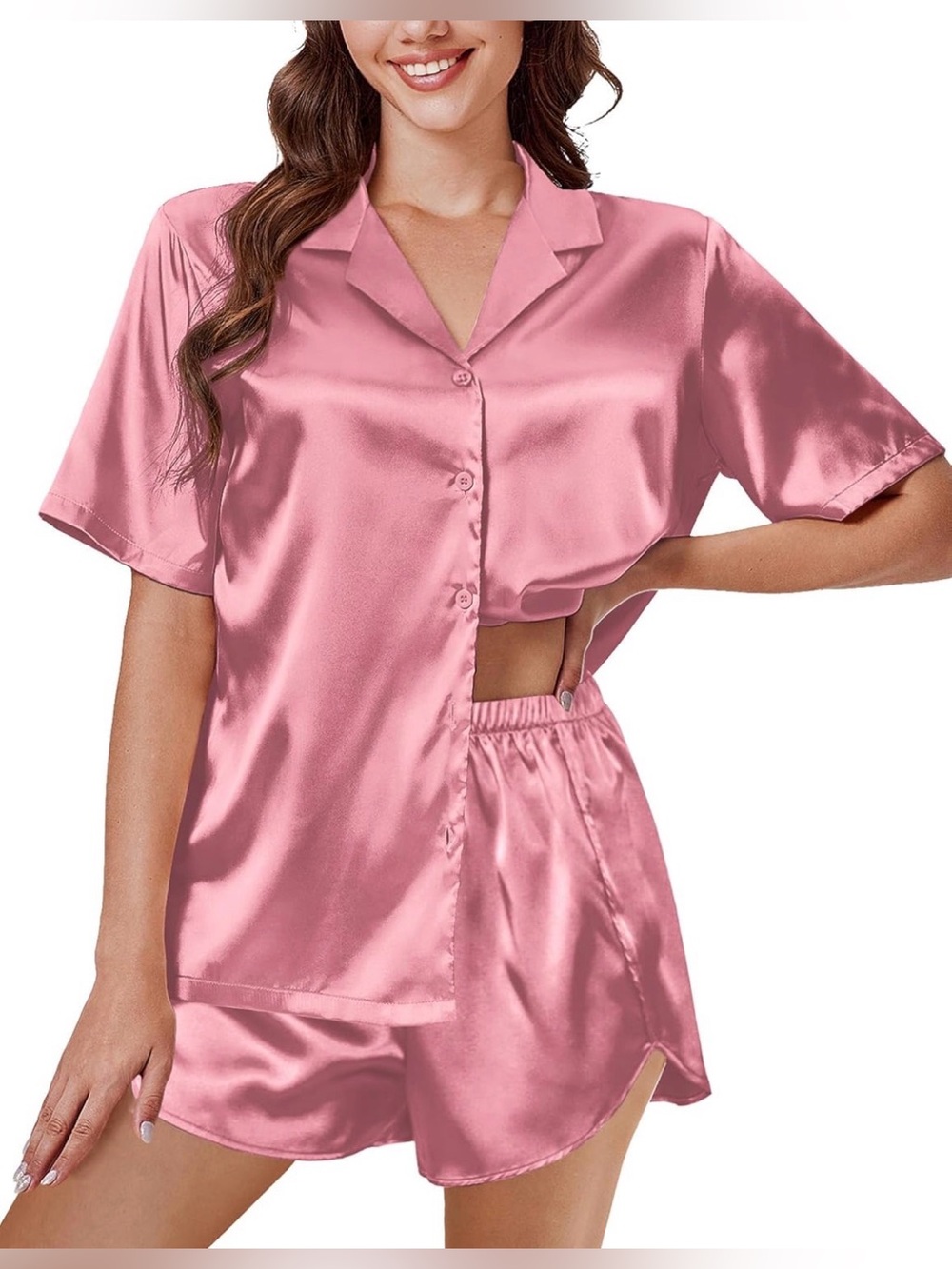 Satin Short-Sleeve Button-Up Pajama Set in Pink